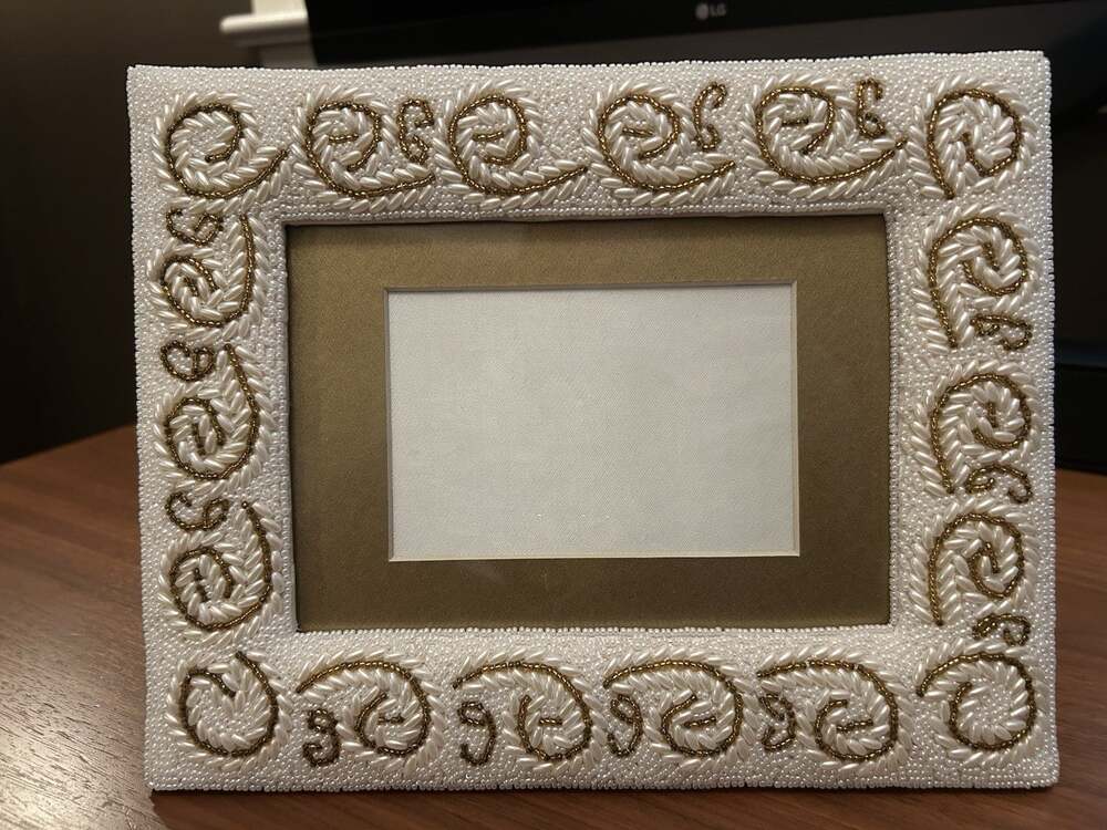 Beaded Photo Frame – Ivory and Gold Scroll Handcrafted Design – Fits 5x7 Photo
